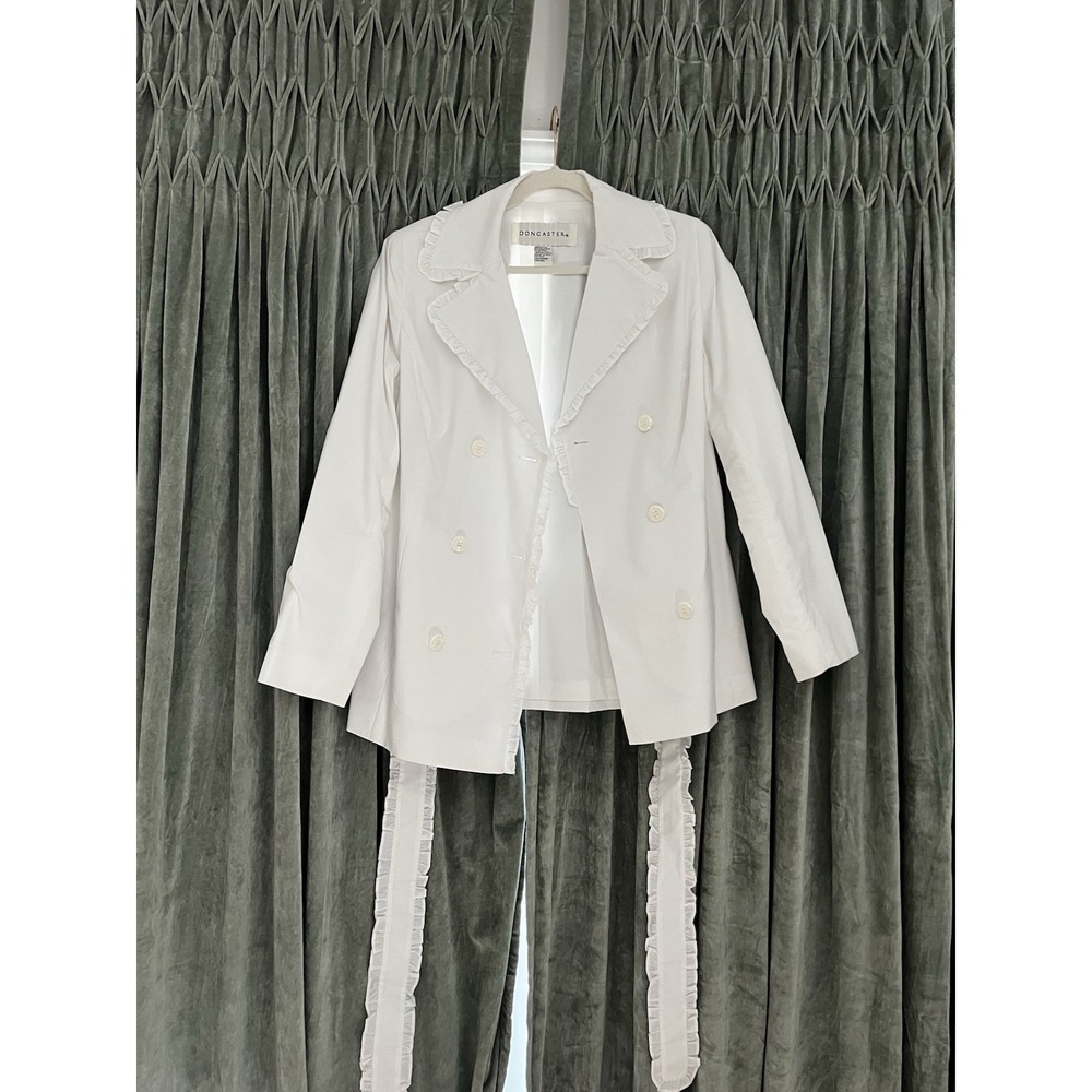 Vtg Doncaster White Trench Blazer Ruffle Sz 12 Double Breast Button Belt Cotton - Picture 9 of 10